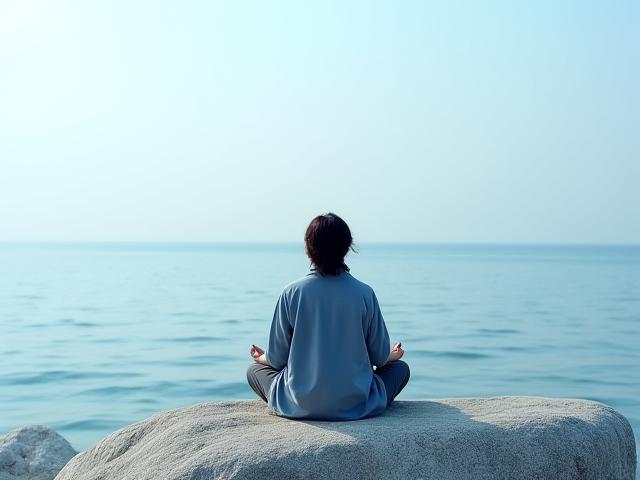 해변에서 명상하는 사람의 뒷모습